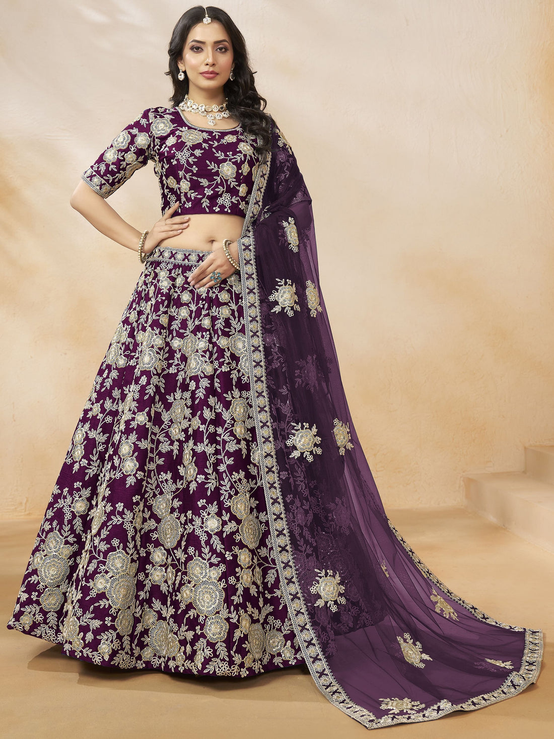 Attractive Purple Sequins Work Silk Reception Wear Lehenga Choli
