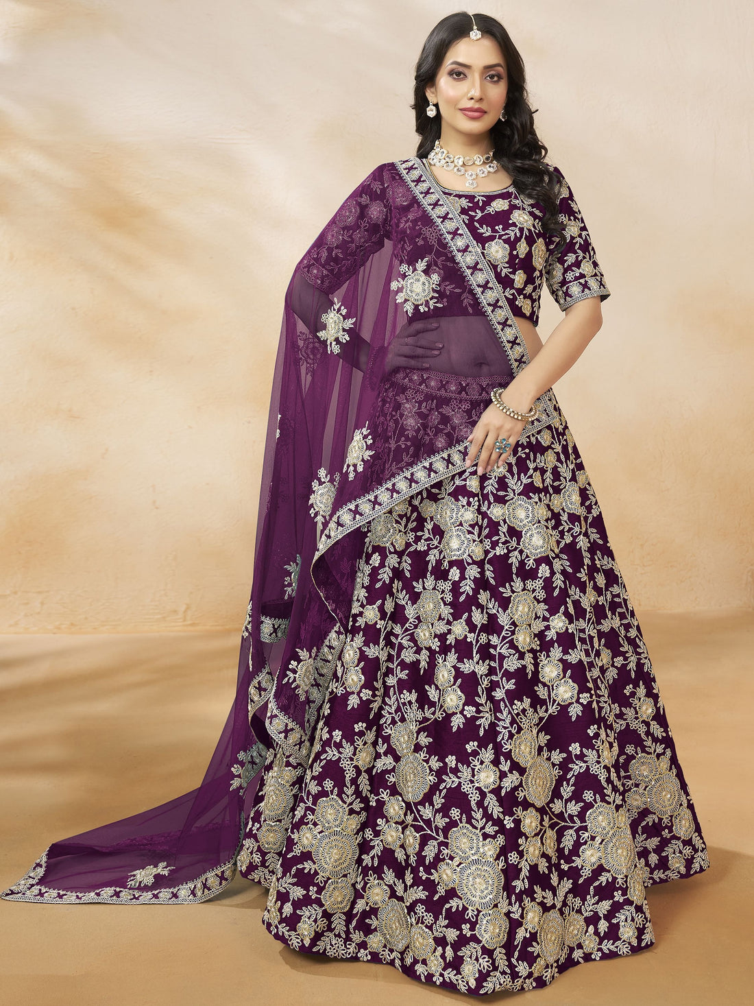 Attractive Purple Sequins Work Silk Reception Wear Lehenga Choli