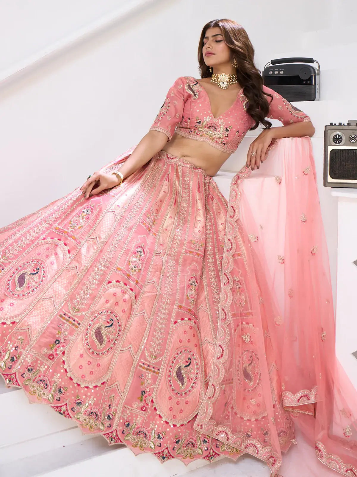 Lavish Blush Pink Dori Work Banarasi Silk Sangeet Wear Lehenga Choli