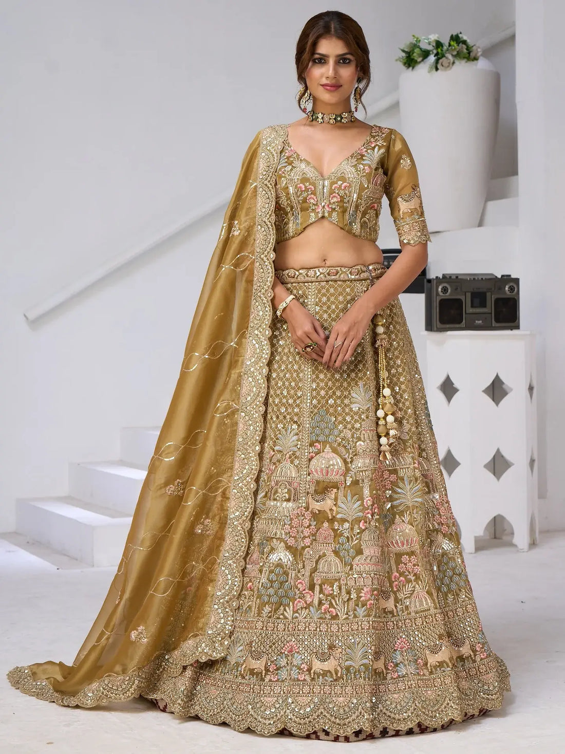 Superb Mehendi Green Heavy Embroidered Organza Lehenga Choli With Dupatta