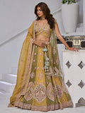 Alluring Yellow-Green Embroidered Tissue Function Wear Lehenga Choli