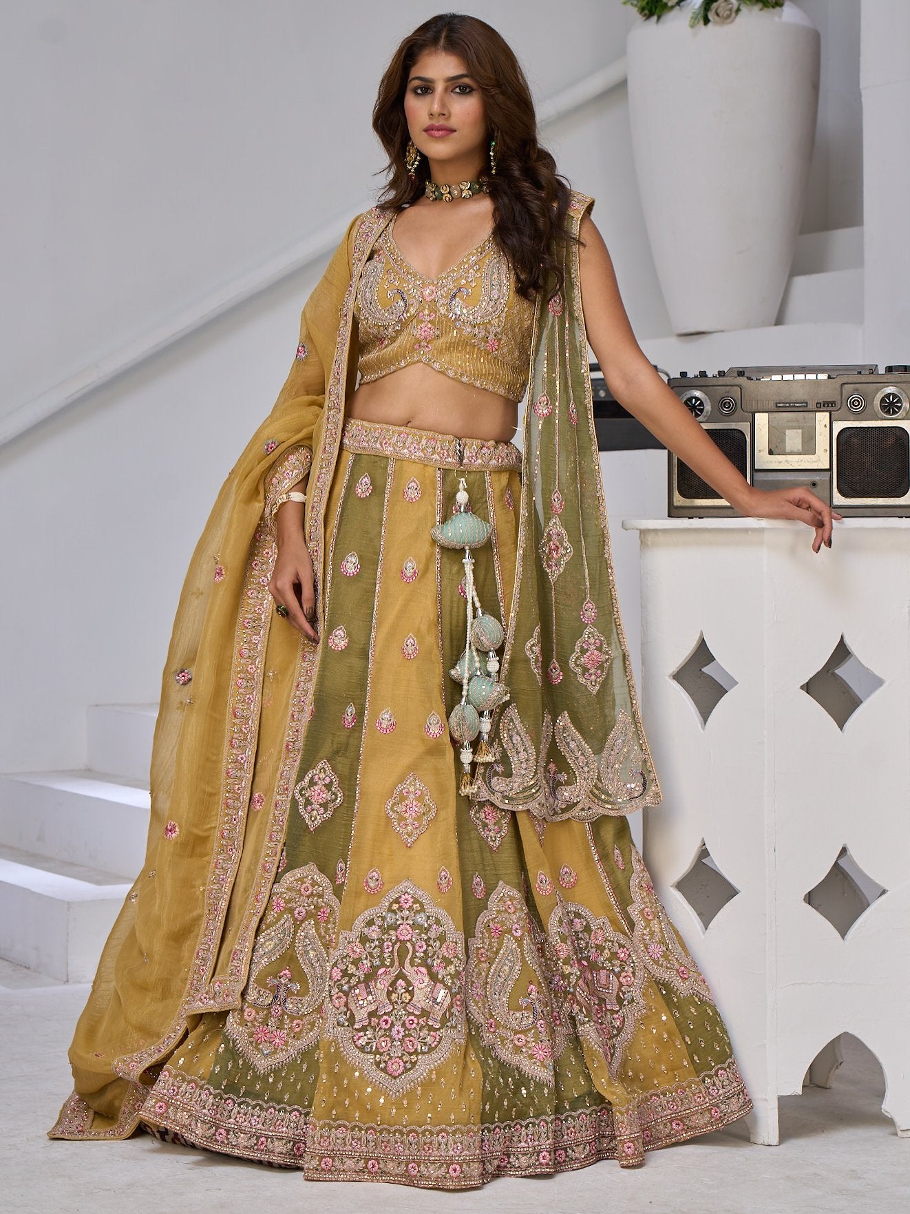 Alluring Yellow-Green Embroidered Tissue Function Wear Lehenga Choli