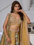 Alluring Yellow-Green Embroidered Tissue Function Wear Lehenga Choli