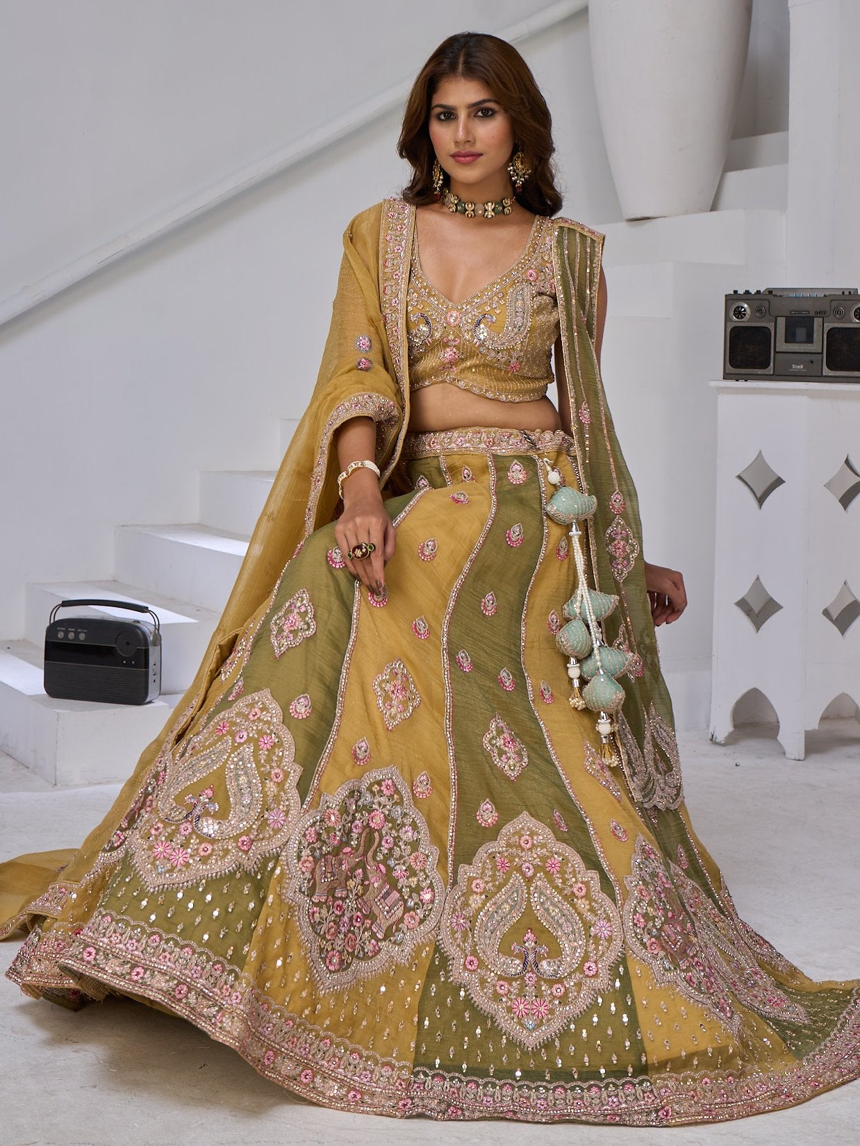Alluring Yellow-Green Embroidered Tissue Function Wear Lehenga Choli