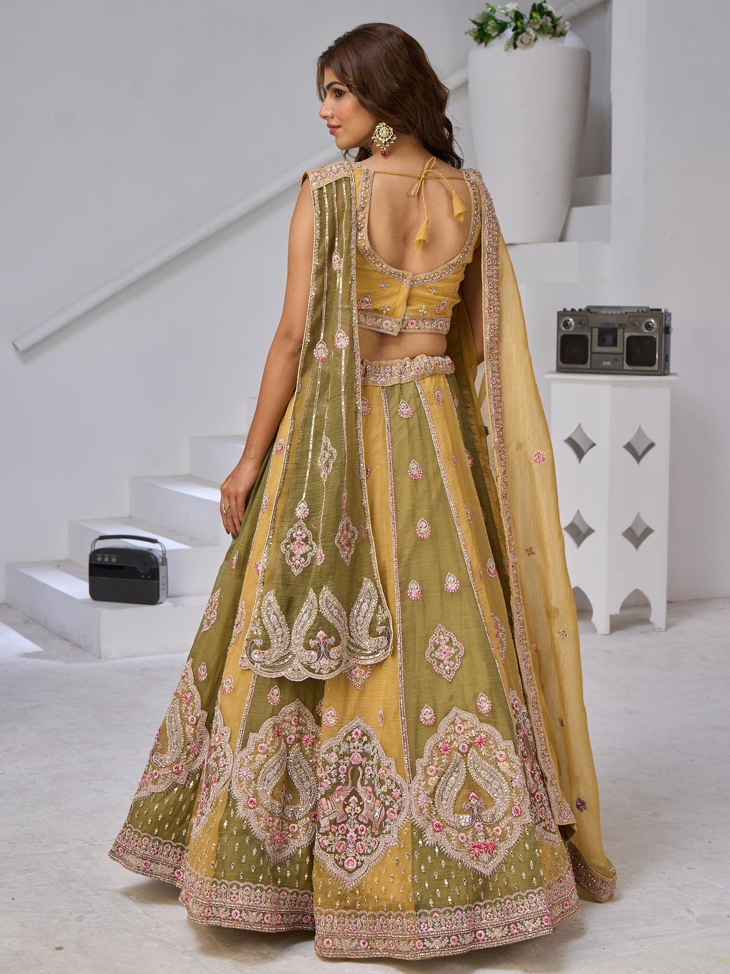 Alluring Yellow-Green Embroidered Tissue Function Wear Lehenga Choli
