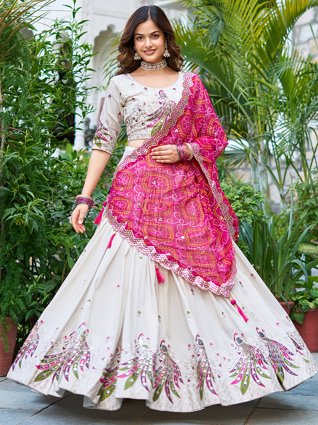 Charming Off-White Thread Work Tissue Silk Wedding Lehenga Choli