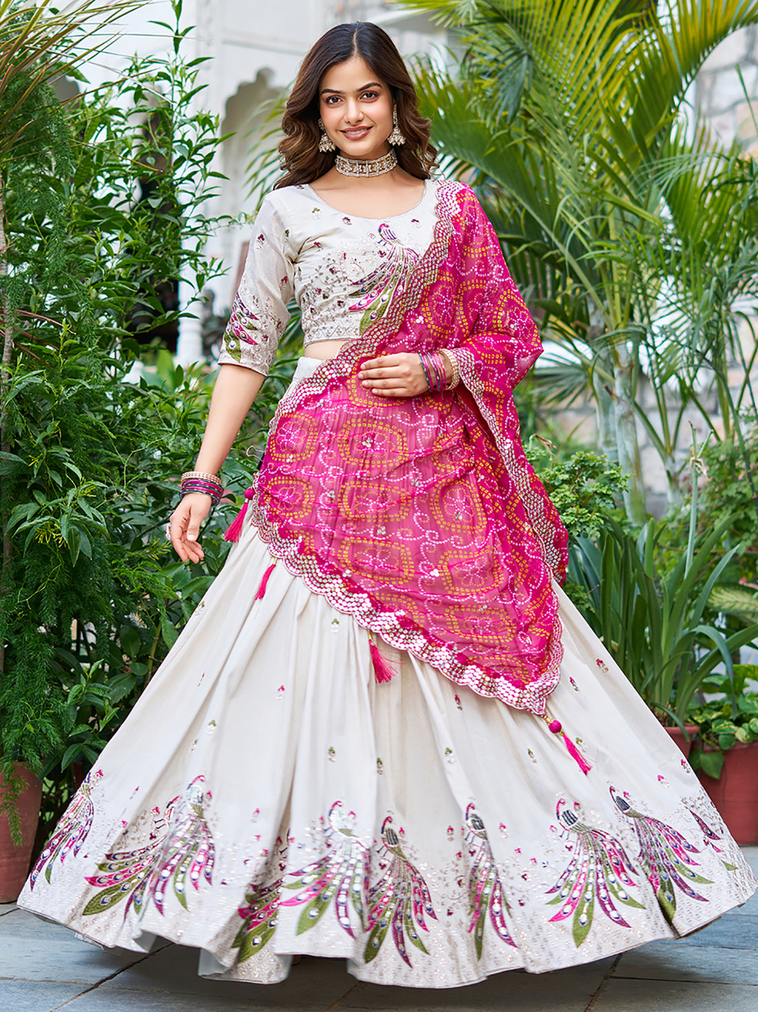 Charming Off-White Thread Work Tissue Silk Wedding Lehenga Choli