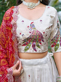 Beautiful Off-White Sequins Tissue Silk Lehenga Choli With Red Dupatta