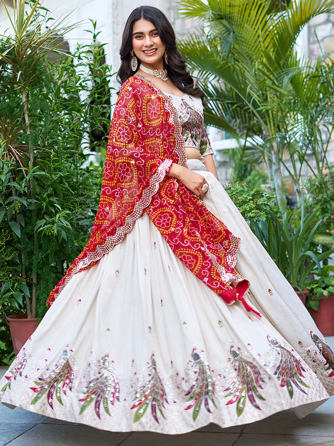 Beautiful Off-White Sequins Tissue Silk Lehenga Choli With Red Dupatta