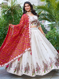 Beautiful Off-White Sequins Tissue Silk Lehenga Choli With Red Dupatta