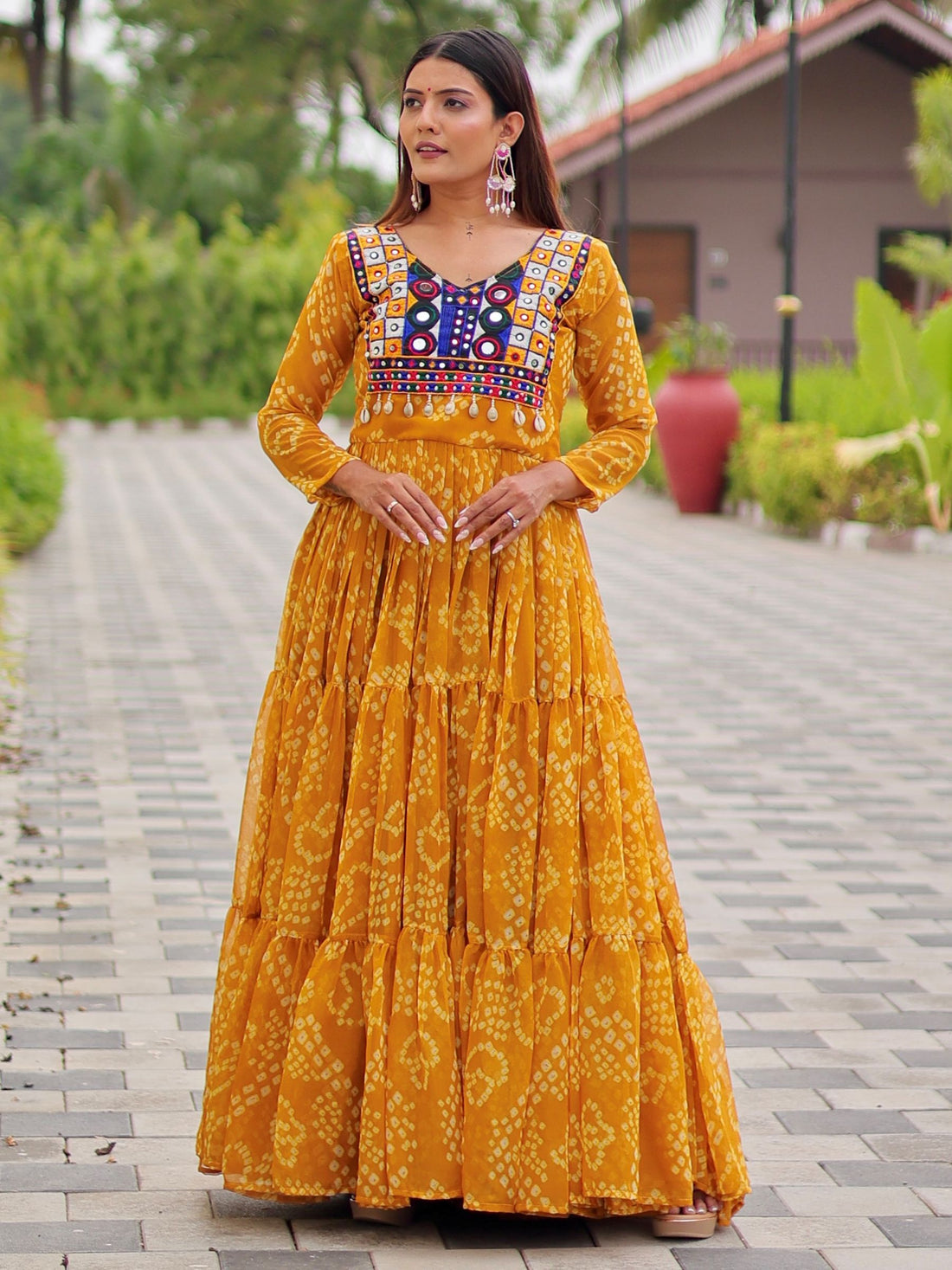 Awesome Mustard Yellow Bandhni Print Georgette Navratri Special Gown