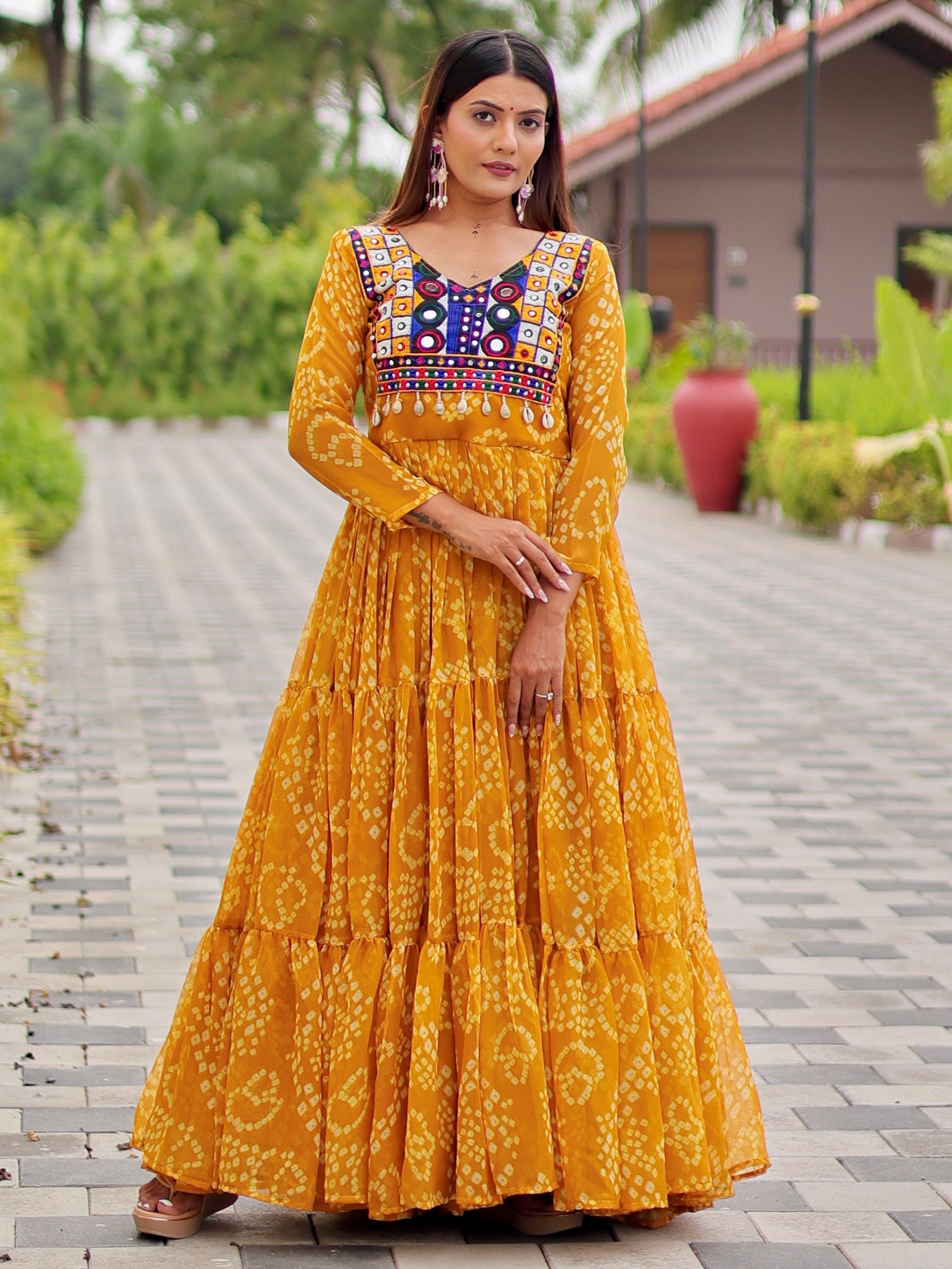 Awesome Mustard Yellow Bandhni Print Georgette Navratri Special Gown