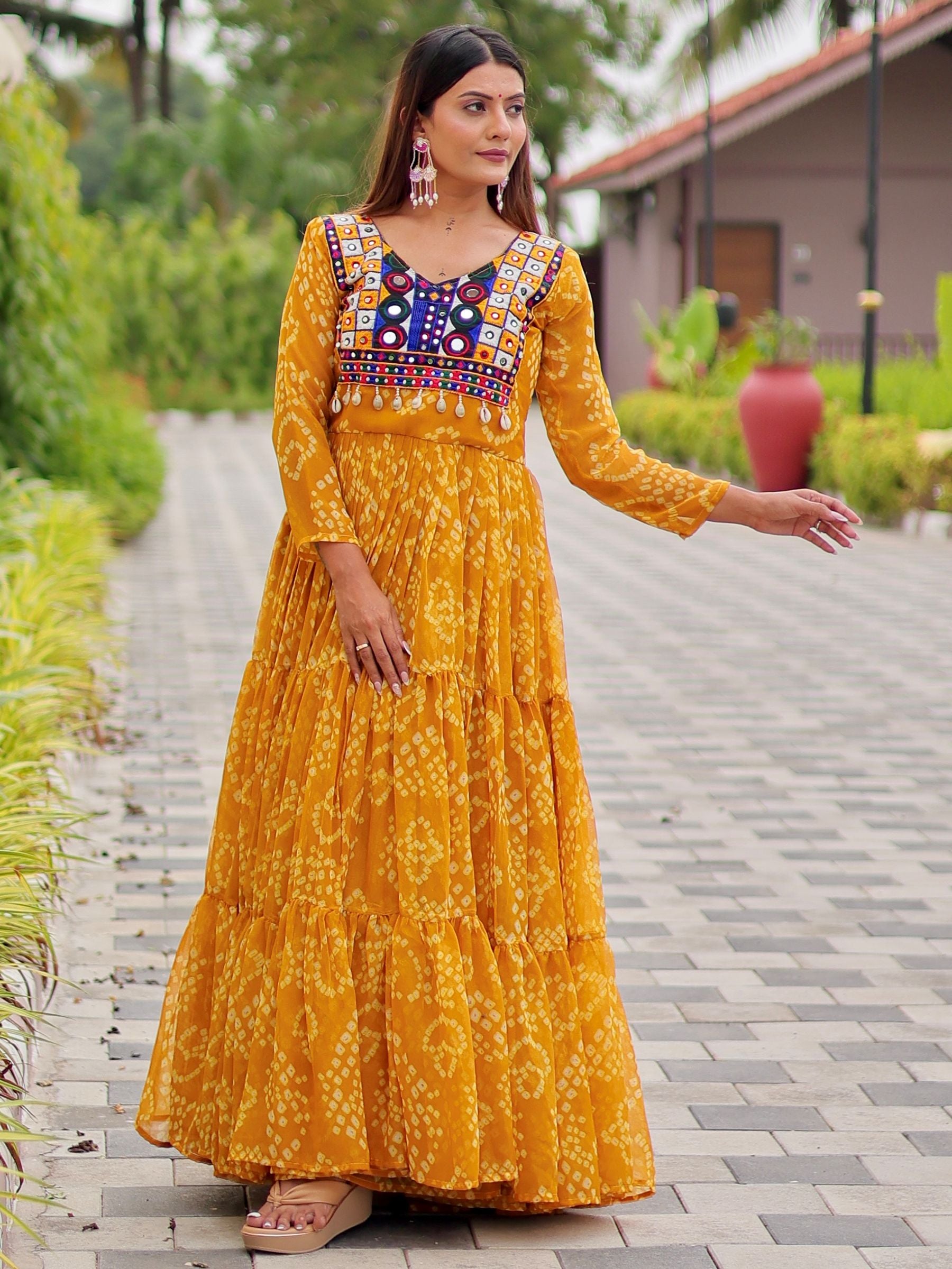 Awesome Mustard Yellow Bandhni Print Georgette Navratri Special Gown