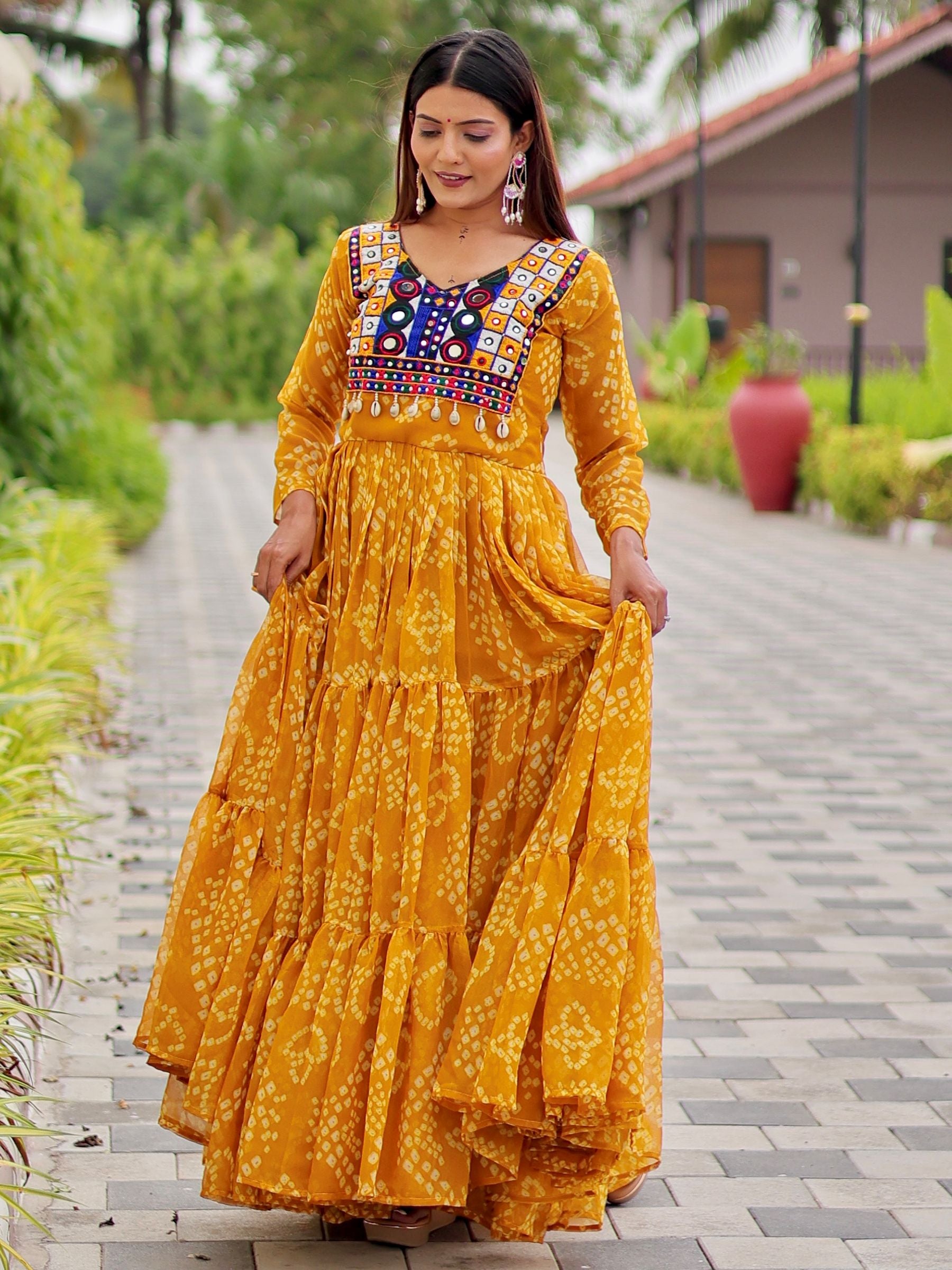 Awesome Mustard Yellow Bandhni Print Georgette Navratri Special Gown