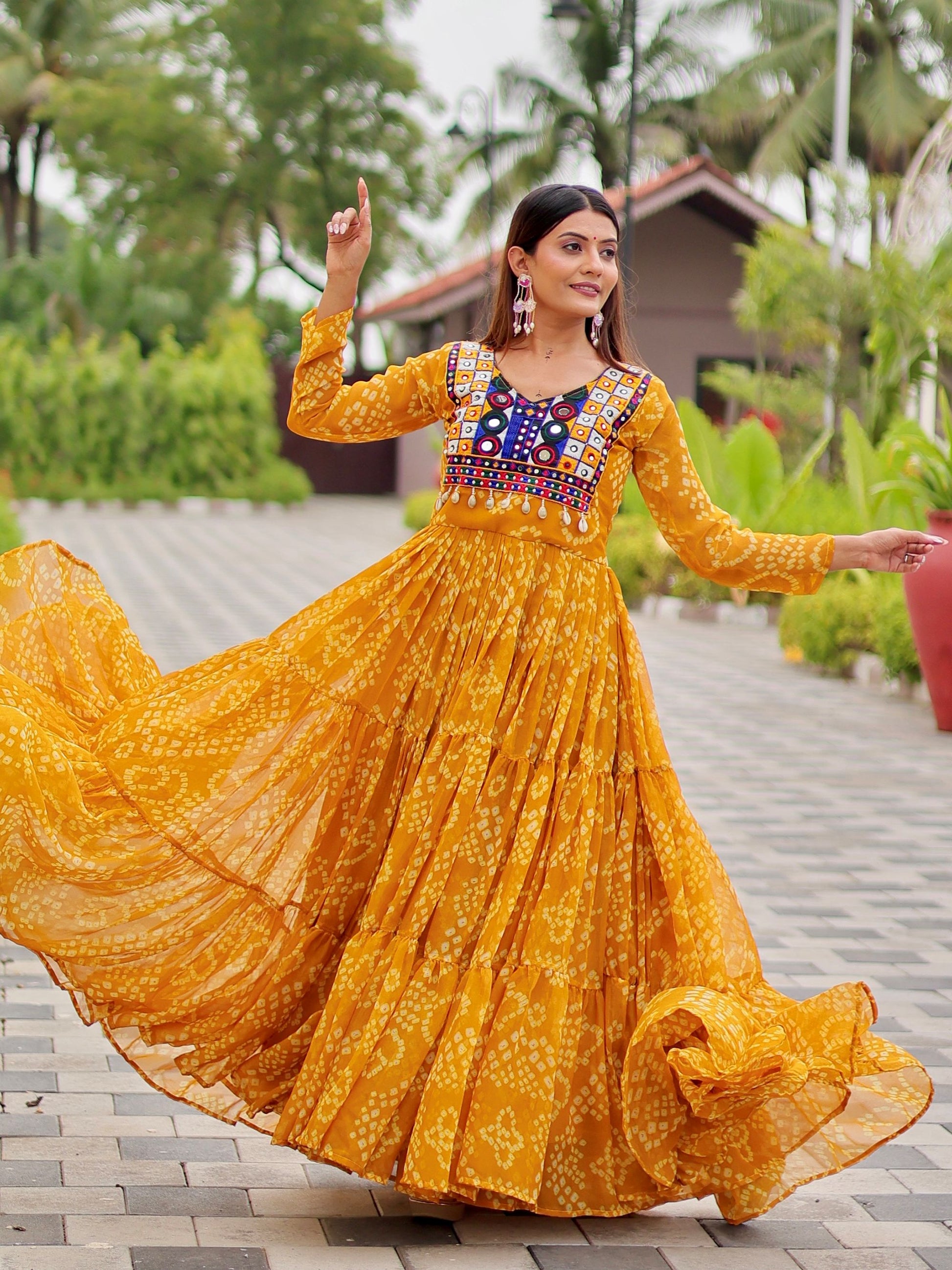 Awesome Mustard Yellow Bandhni Print Georgette Navratri Special Gown