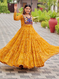 Awesome Mustard Yellow Bandhni Print Georgette Navratri Special Gown