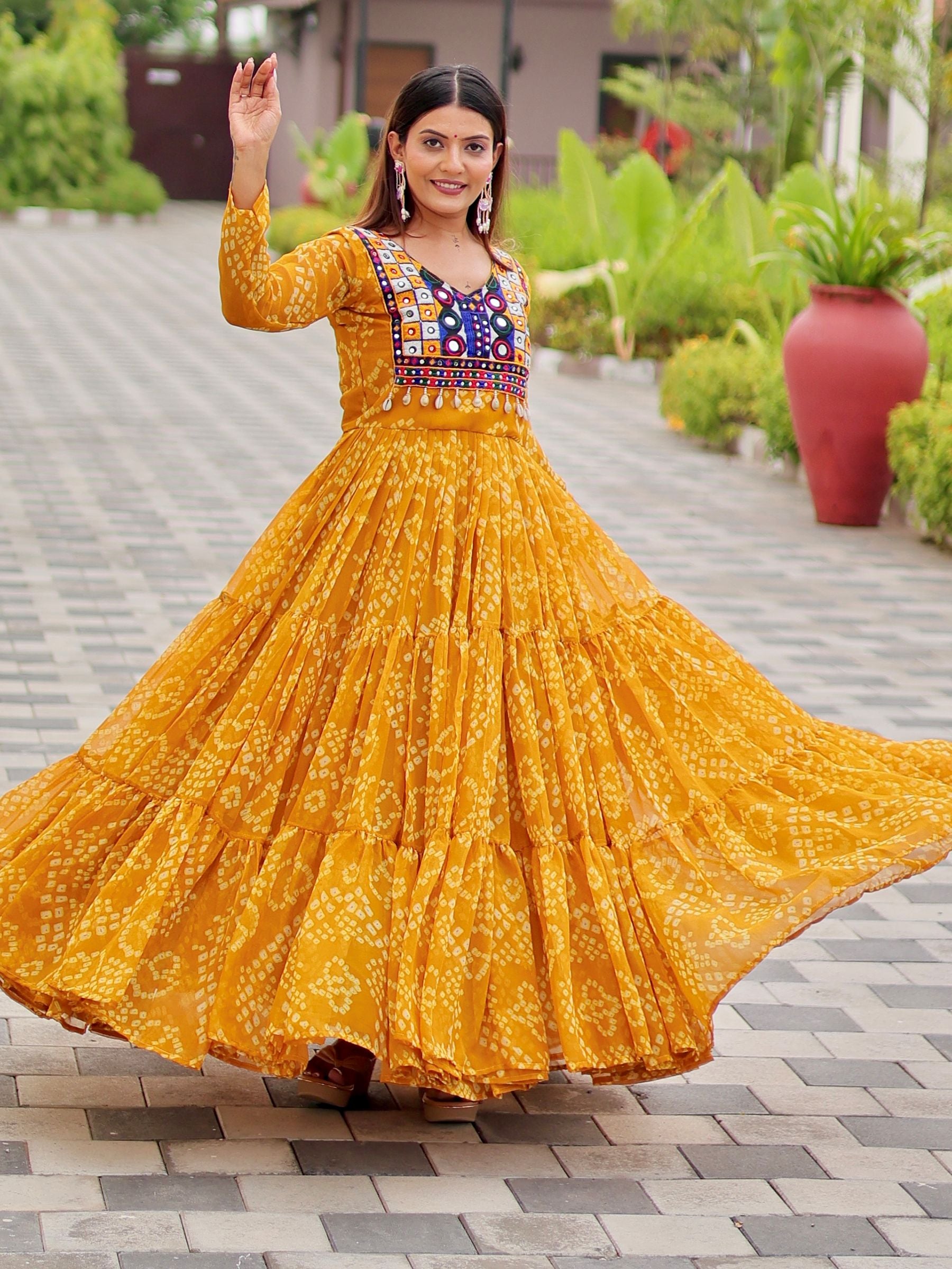 Awesome Mustard Yellow Bandhni Print Georgette Navratri Special Gown