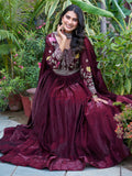 Ravishing Wine Thread Embroidery Silk Wedding Wear Gown With Dupatta