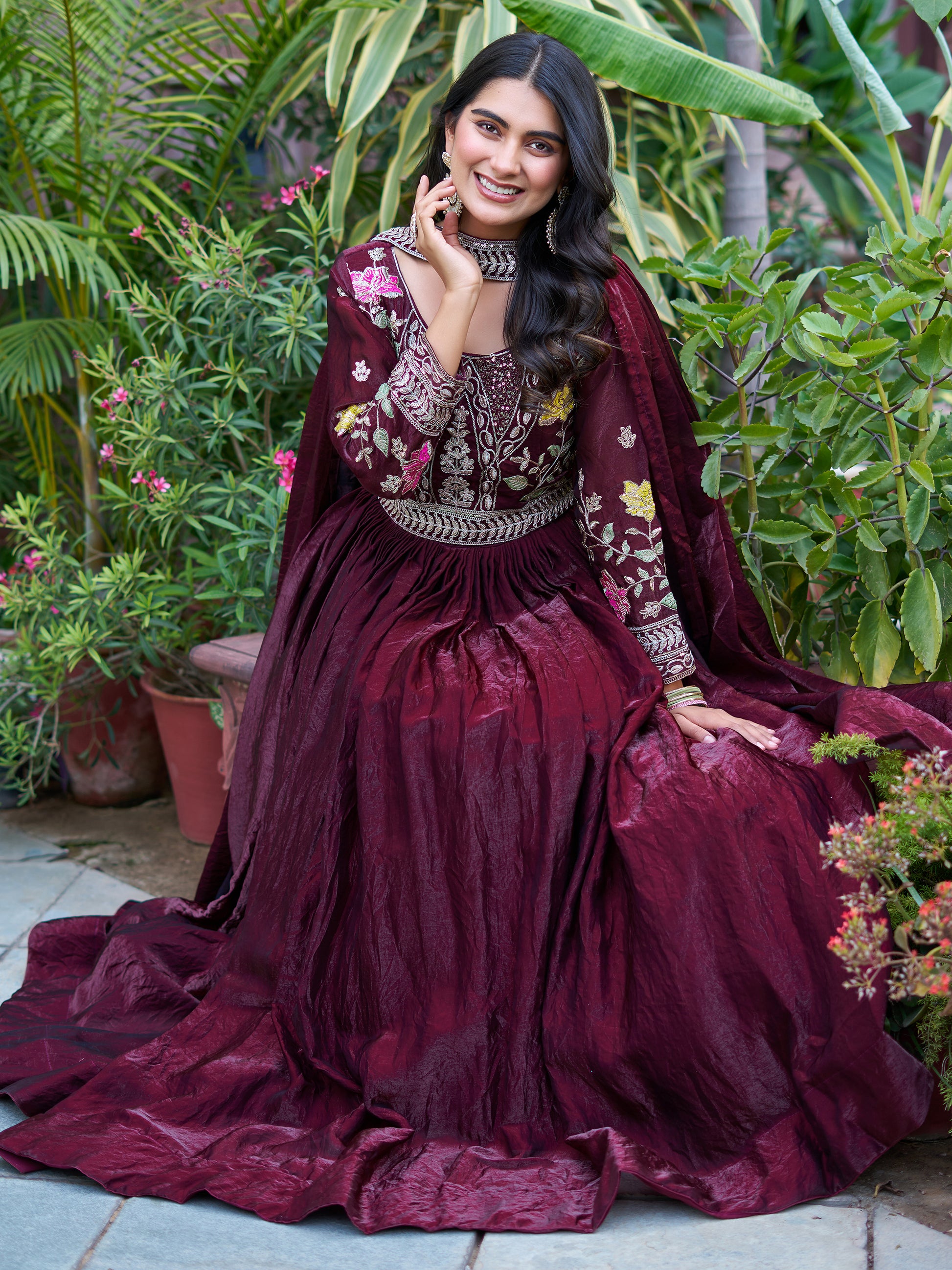 Ravishing Wine Thread Embroidery Silk Wedding Wear Gown With Dupatta