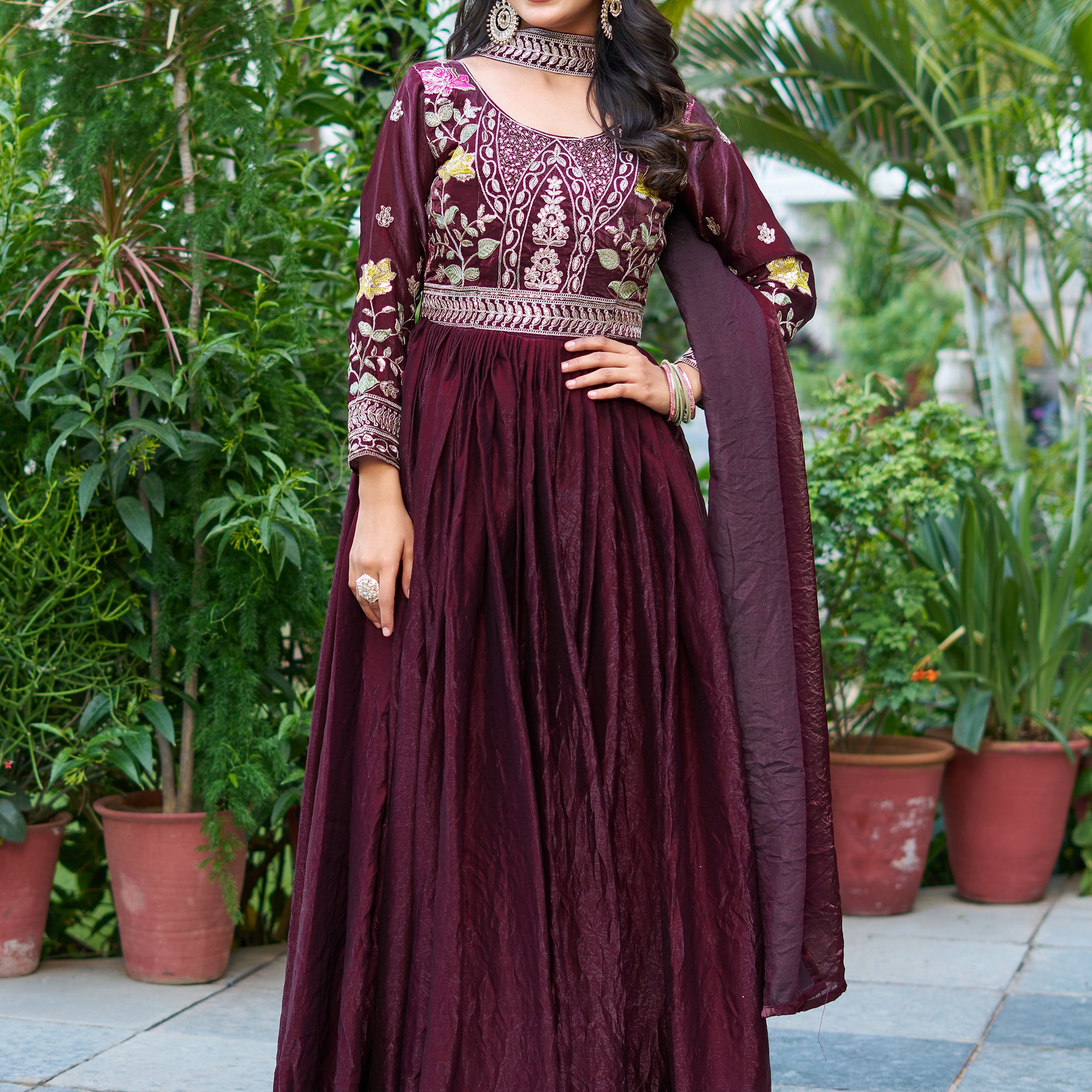 Ravishing Wine Thread Embroidery Silk Wedding Wear Gown With Dupatta