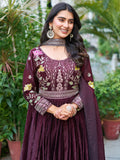 Ravishing Wine Thread Embroidery Silk Wedding Wear Gown With Dupatta