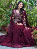 Ravishing Wine Thread Embroidery Silk Wedding Wear Gown With Dupatta