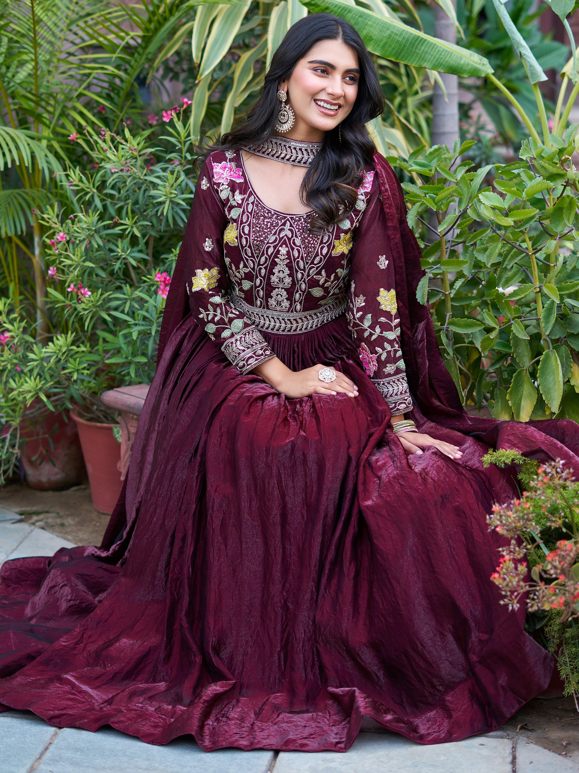 Ravishing Wine Thread Embroidery Silk Wedding Wear Gown With Dupatta