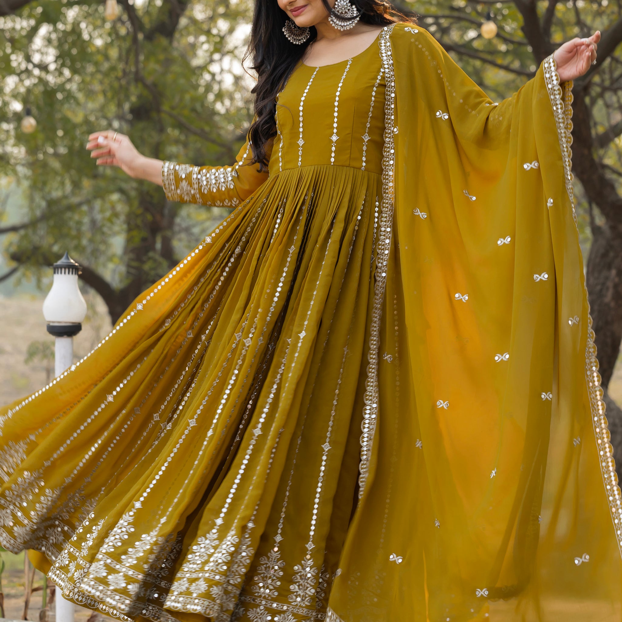 Gorgeous Olive Green Sequins Georgette Mehendi Wear Gown