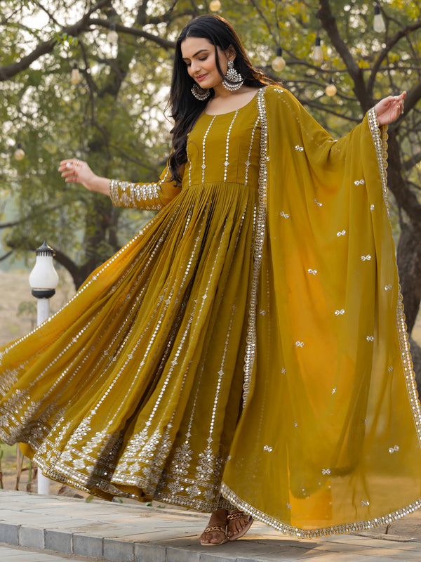 Gorgeous Olive Green Sequins Georgette Mehendi Wear Gown