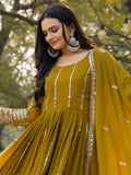 Gorgeous Olive Green Sequins Georgette Mehendi Wear Gown
