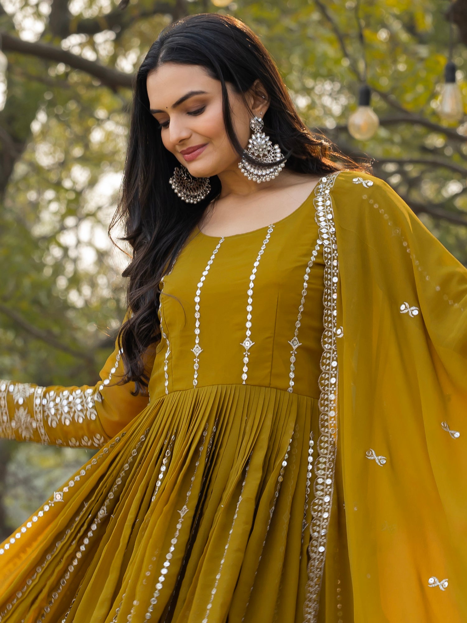 Gorgeous Olive Green Sequins Georgette Mehendi Wear Gown