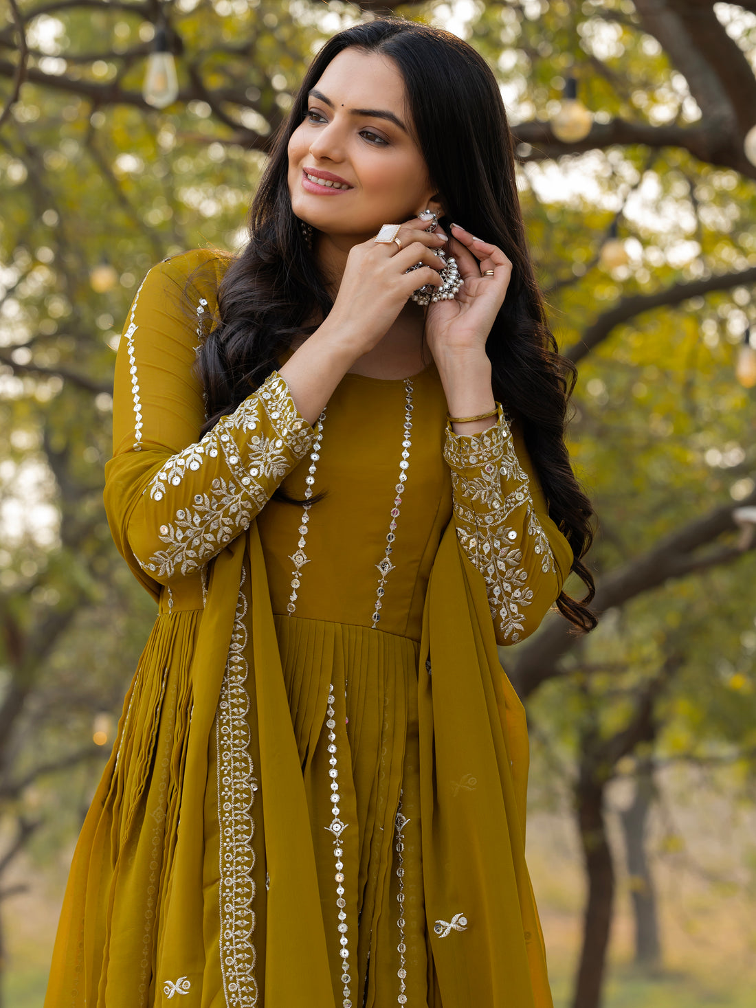 Gorgeous Olive Green Sequins Georgette Mehendi Wear Gown