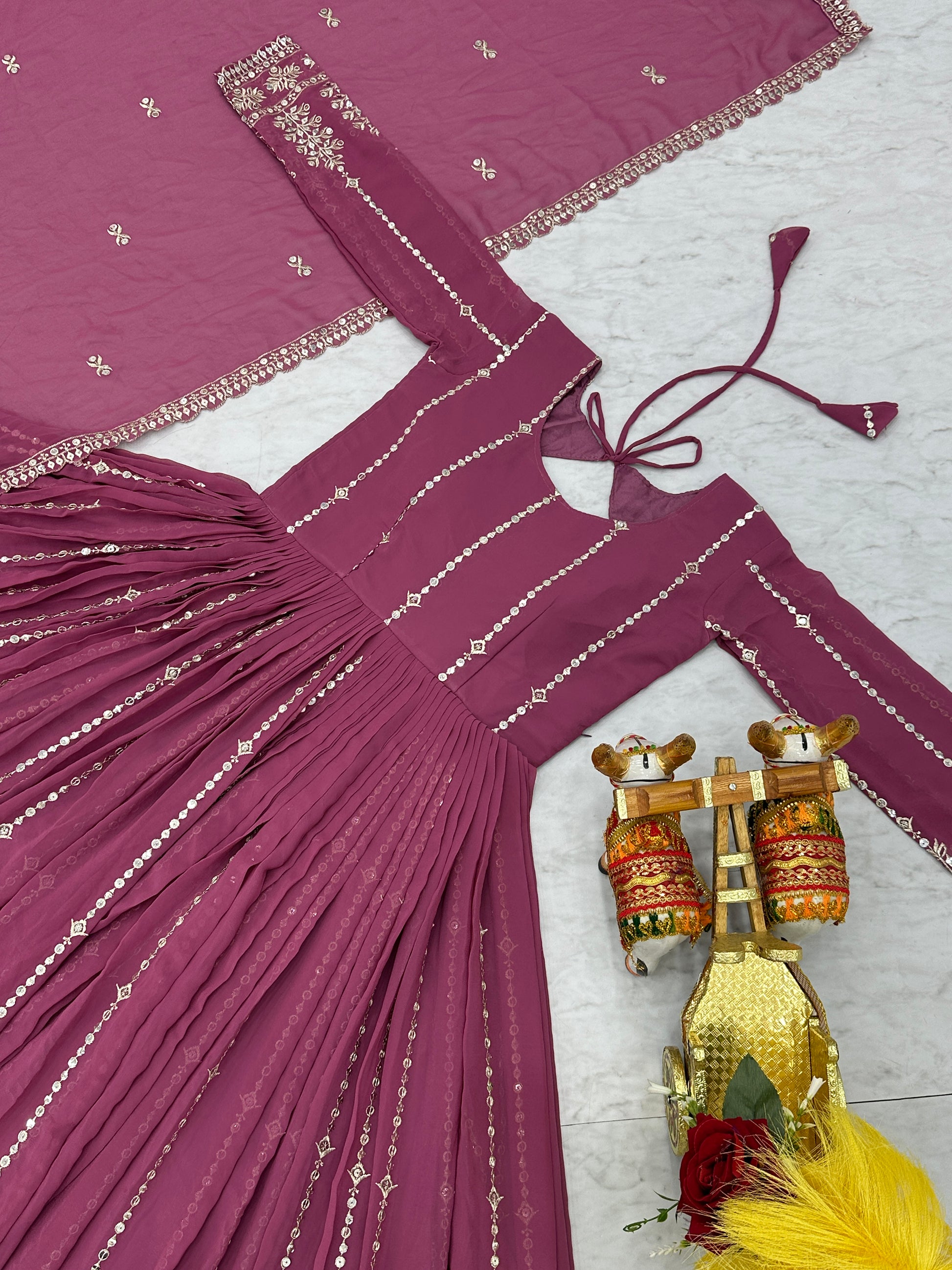Enchanting Pink Thread Work Georgette Gown With Dupatta