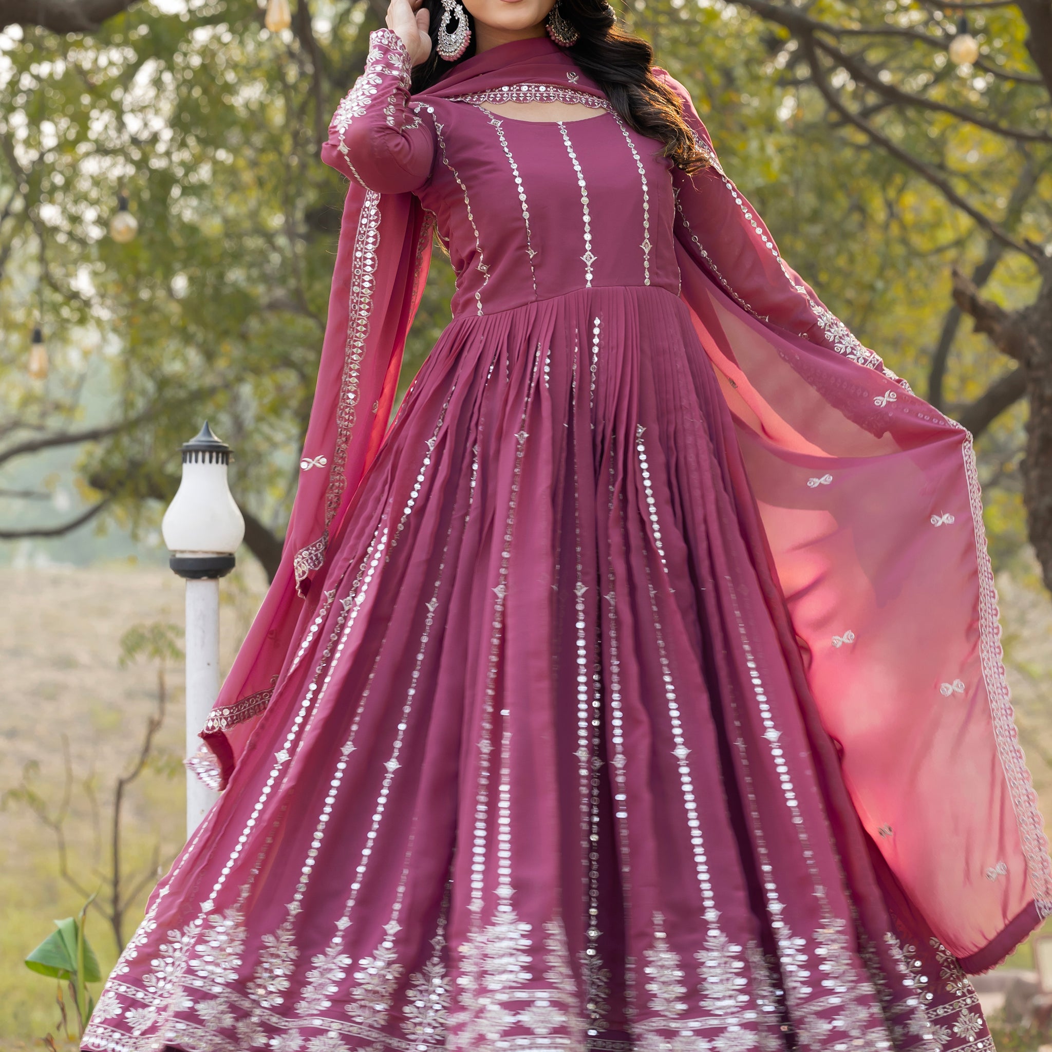 Enchanting Pink Thread Work Georgette Gown With Dupatta