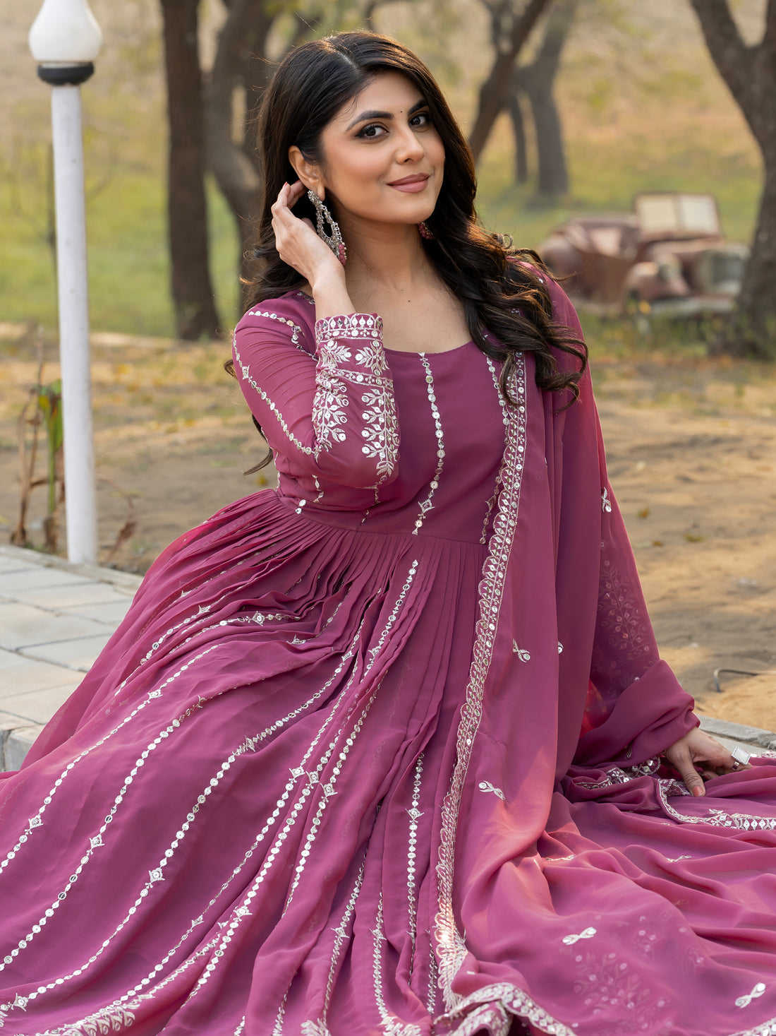 Enchanting Pink Thread Work Georgette Gown With Dupatta
