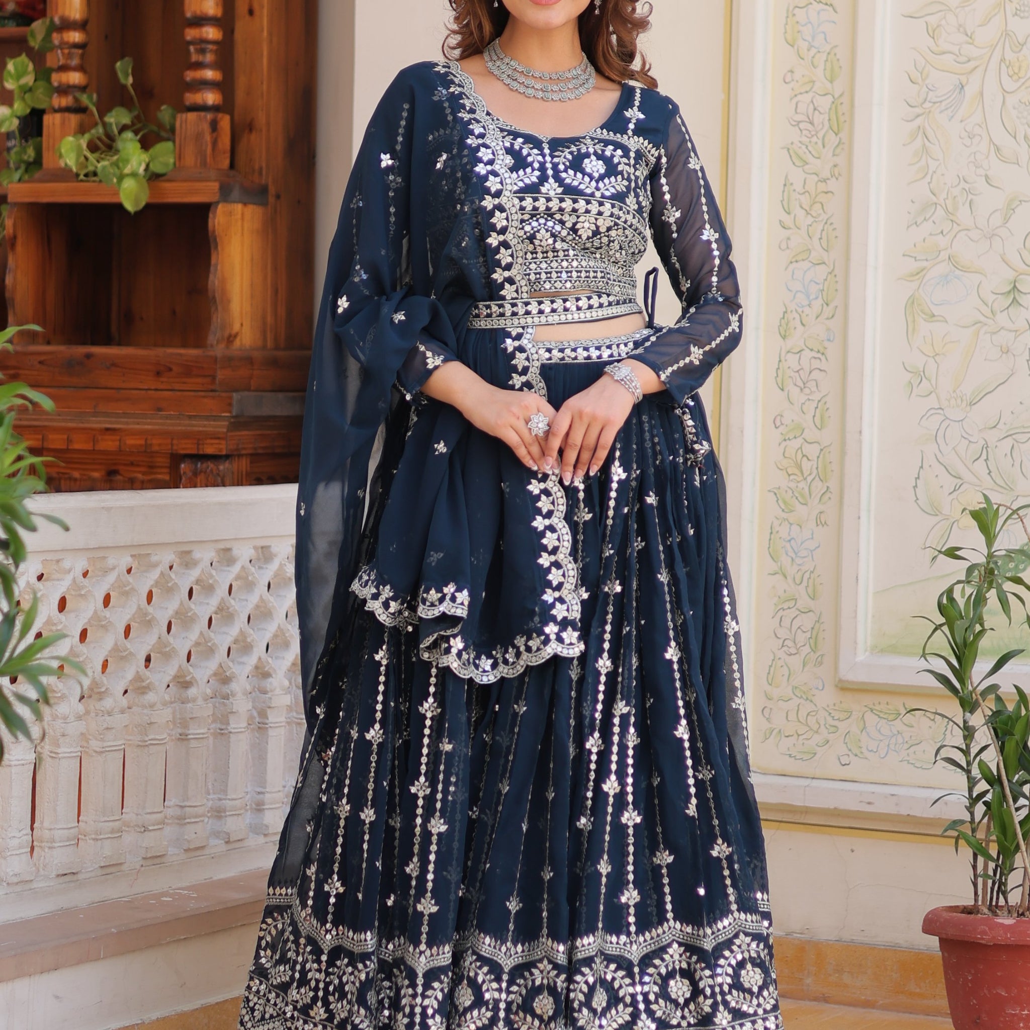Alluring Navy Blue Sequins Georgette Wedding Wear Lehenga Choli