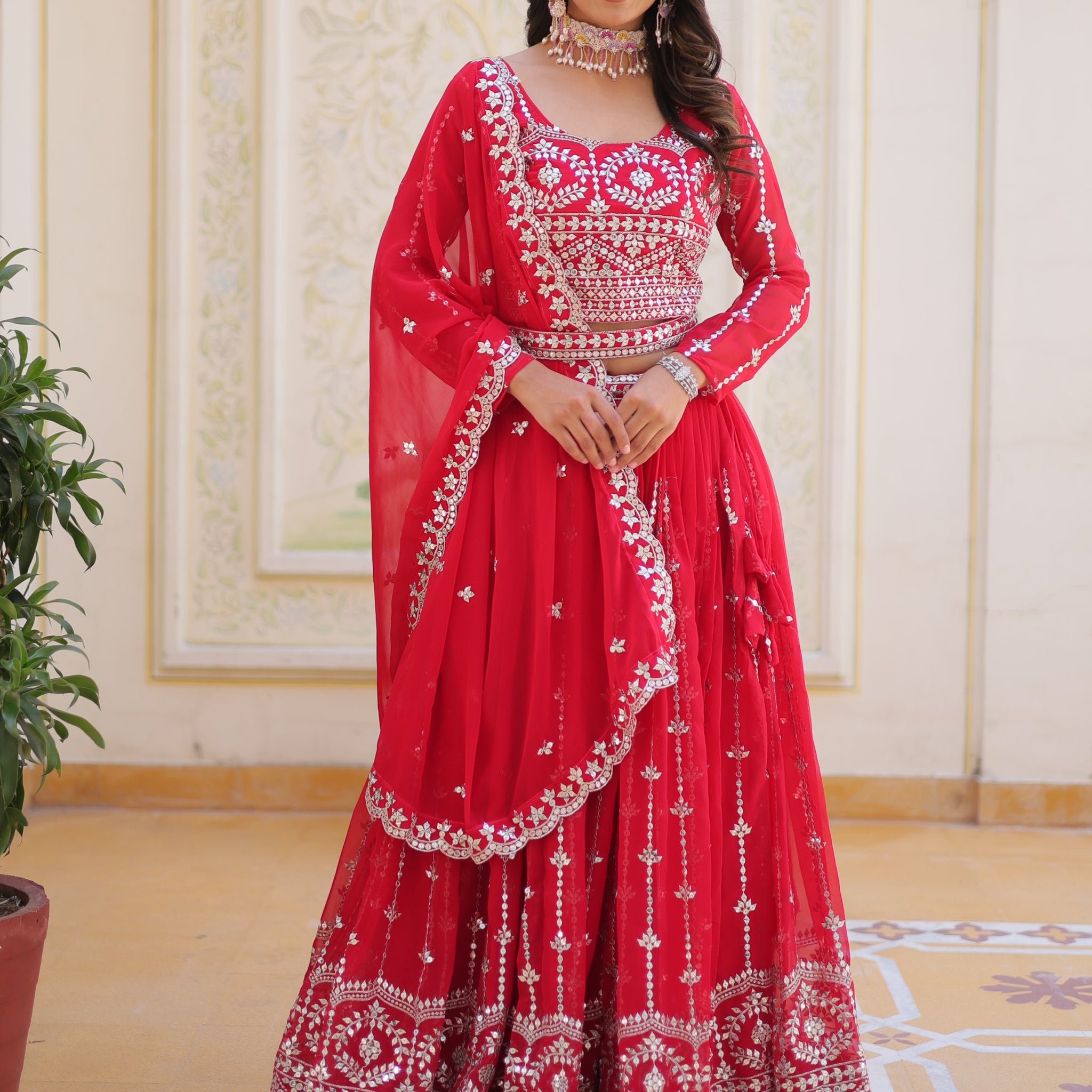 Fabulous Pink Sequins Georgette Party Wear Lehenga Choli With Dupatta