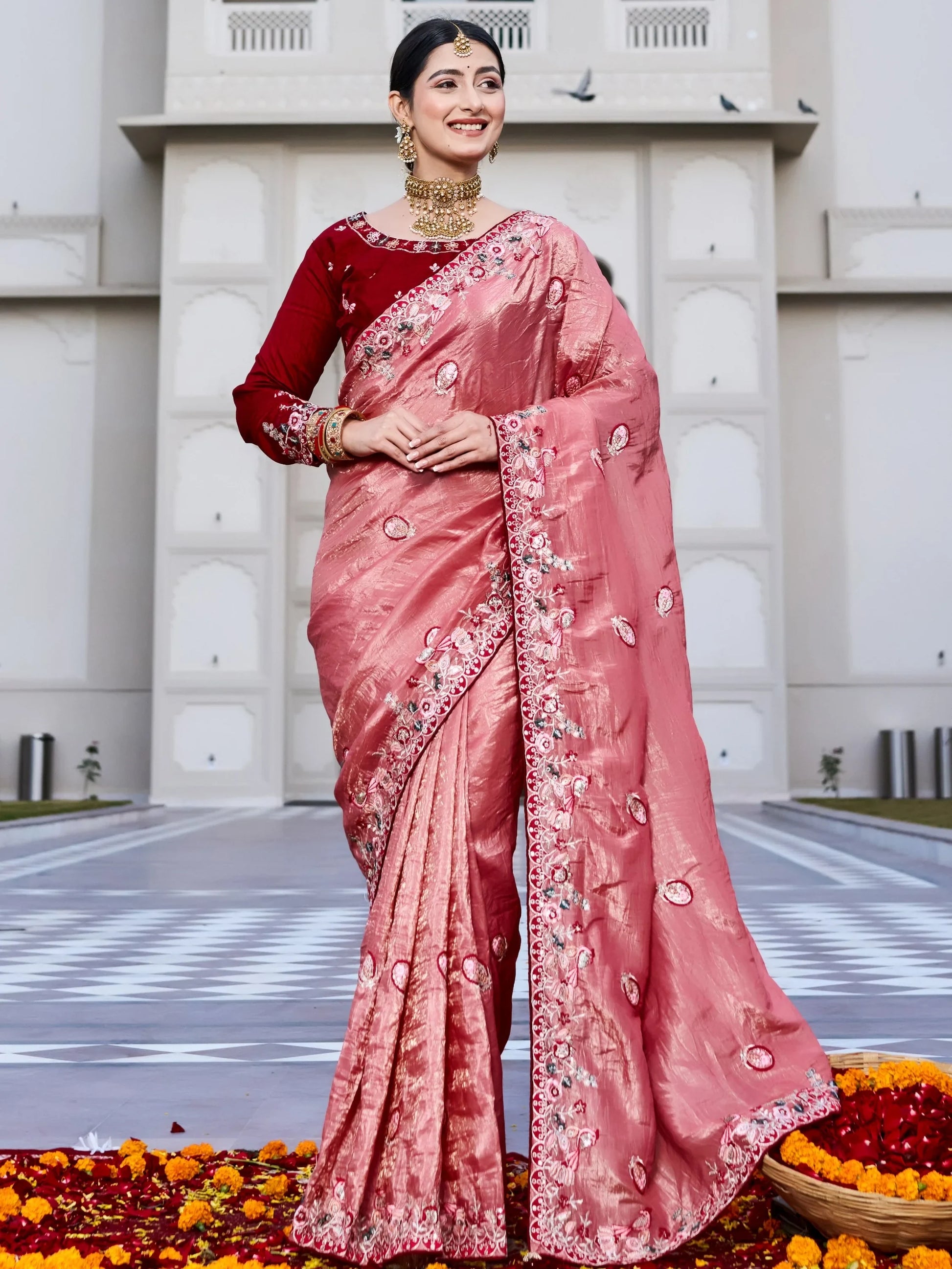 Phenomenal Pink Thread Embroidery Silk Marriage Wear Saree With Blouse