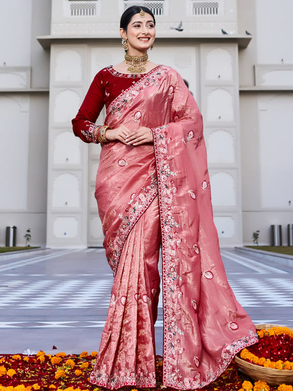 Phenomenal Pink Thread Embroidery Silk Marriage Wear Saree With Blouse