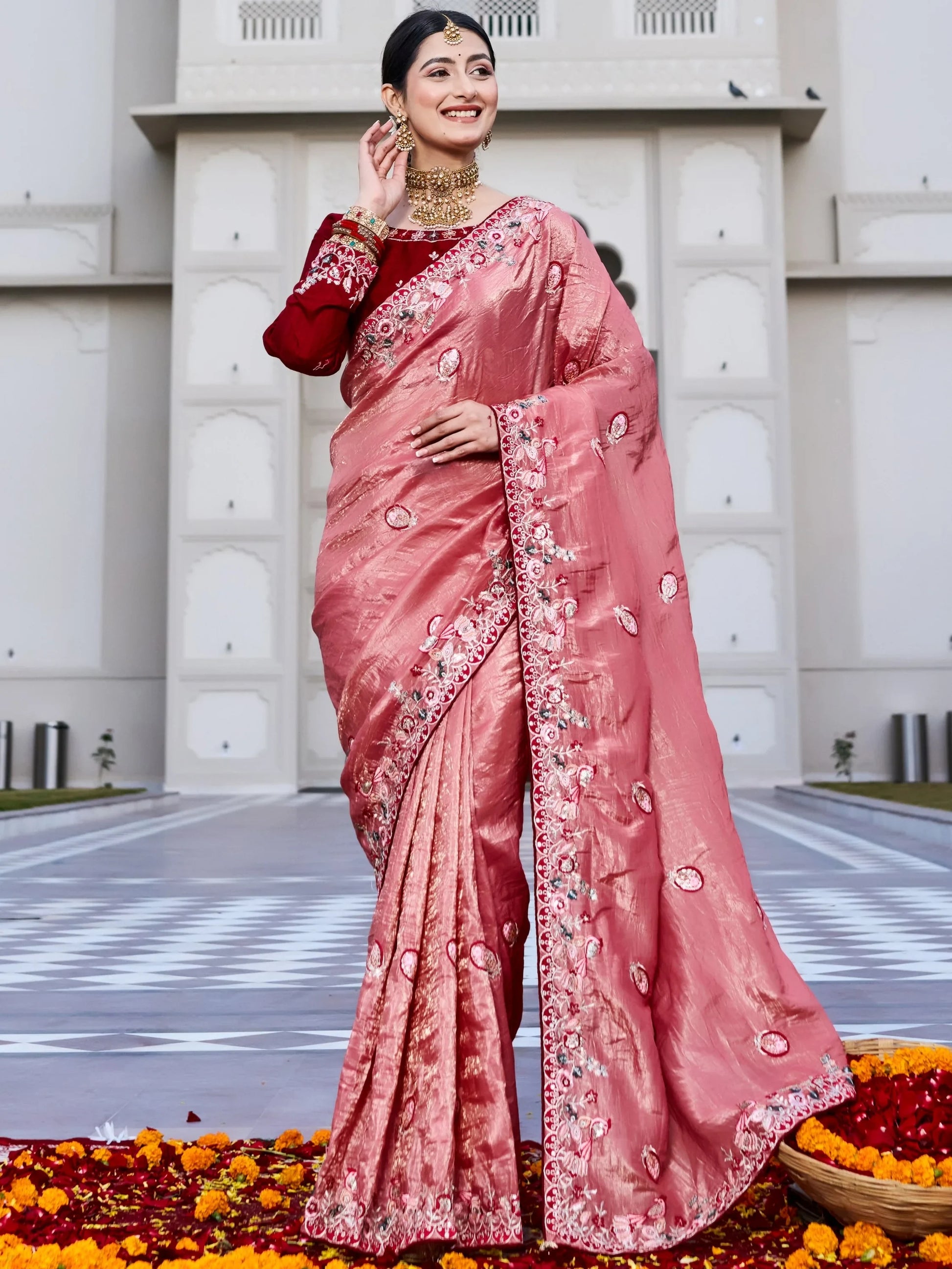 Phenomenal Pink  Thread Embroidery Silk Marriage Wear Saree With Blouse