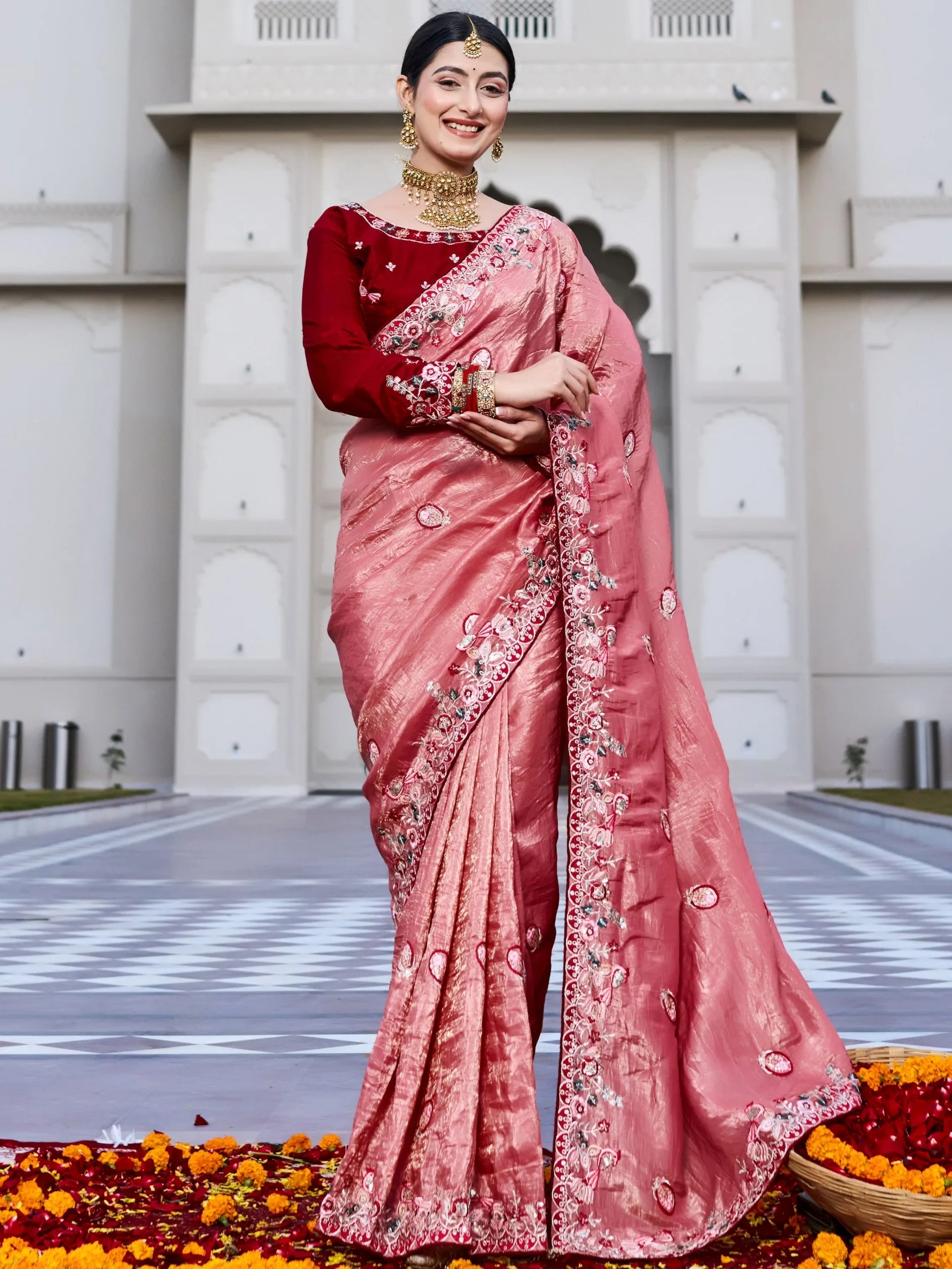 Phenomenal Pink  Thread Embroidery Silk Marriage Wear Saree With Blouse