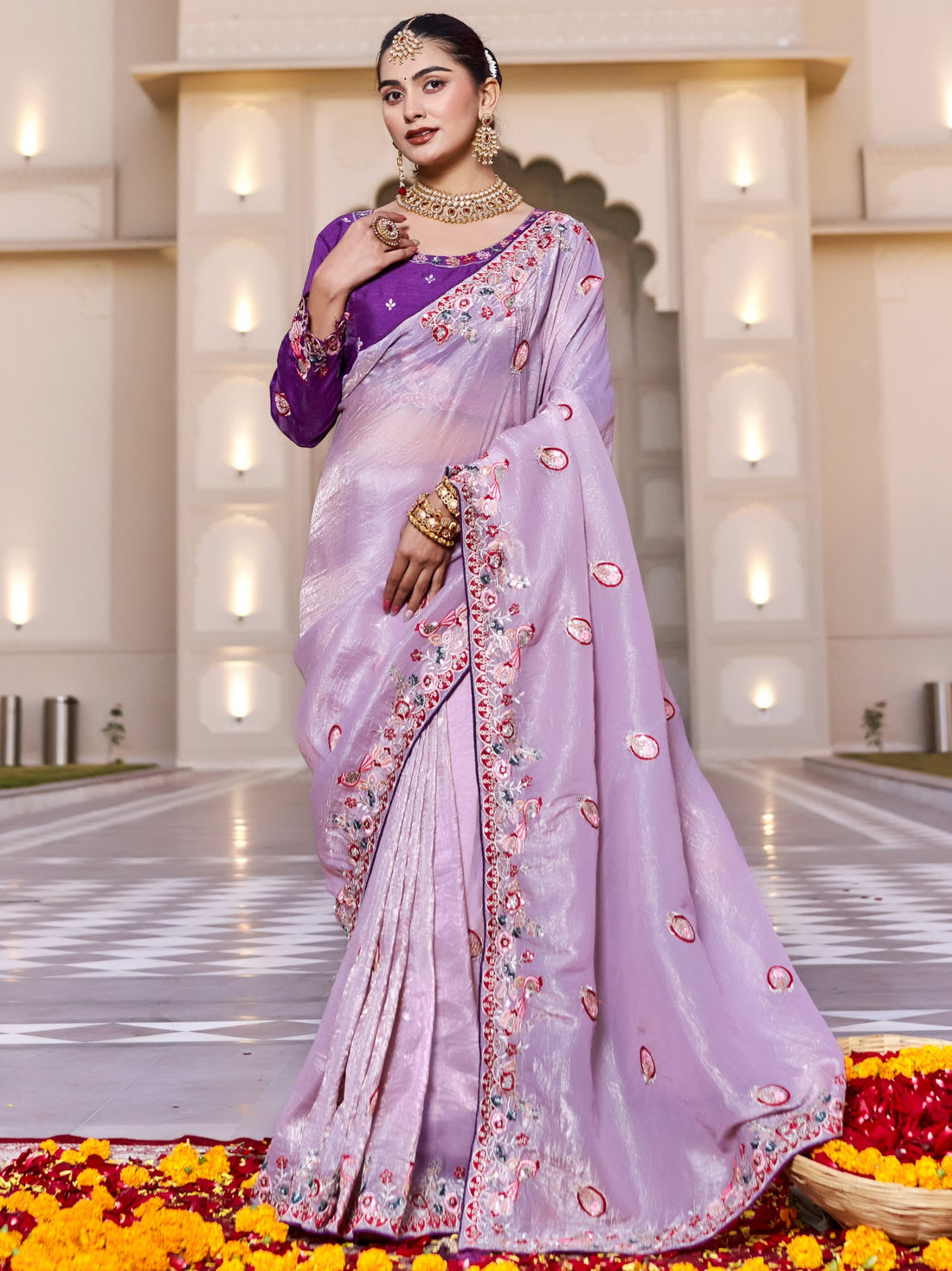 Exceptional Lavender Sequins Silk Festive Wear Saree With Blouse