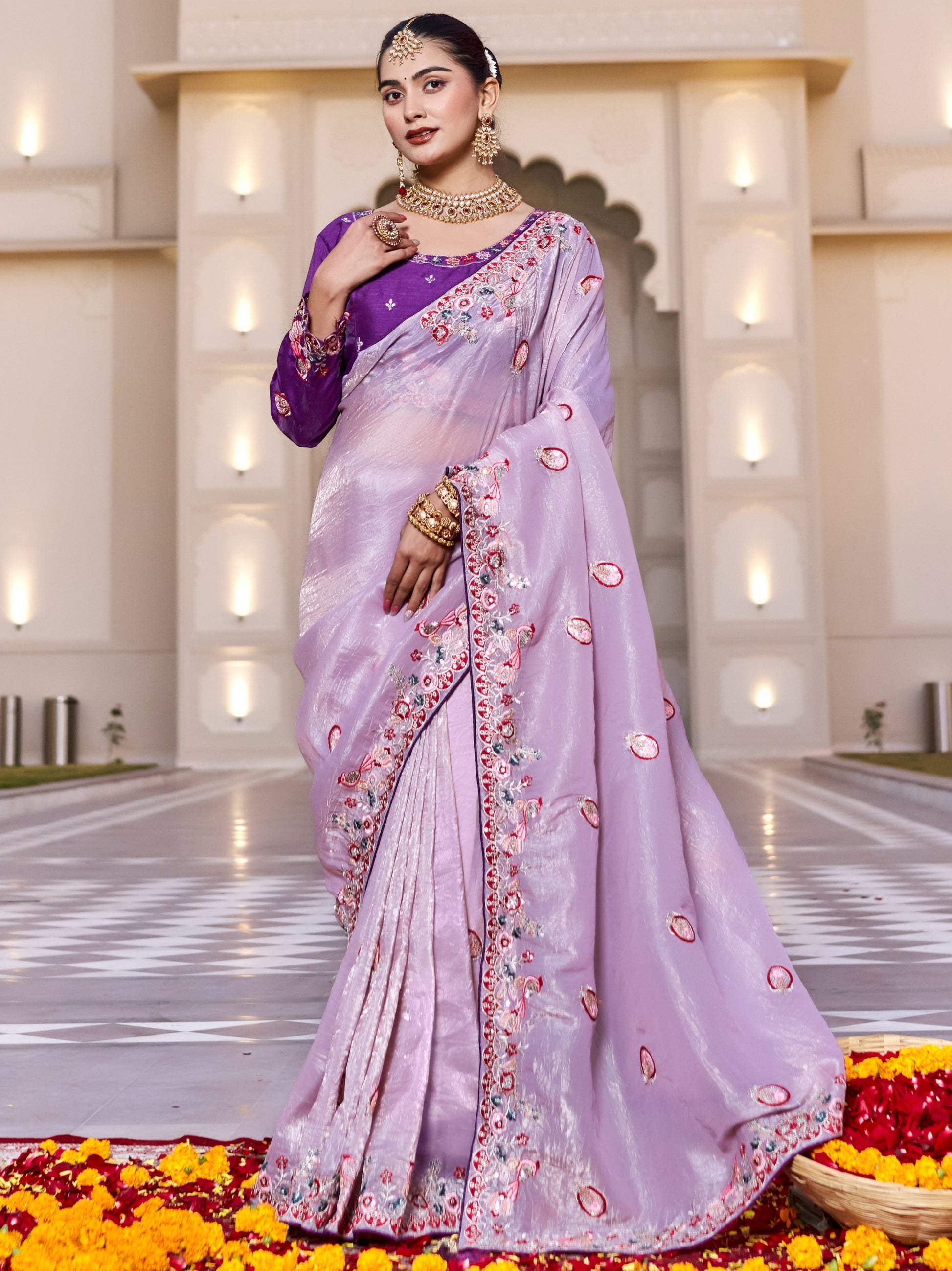 Exceptional Lavender Sequins Silk Festive Wear Saree With Blouse