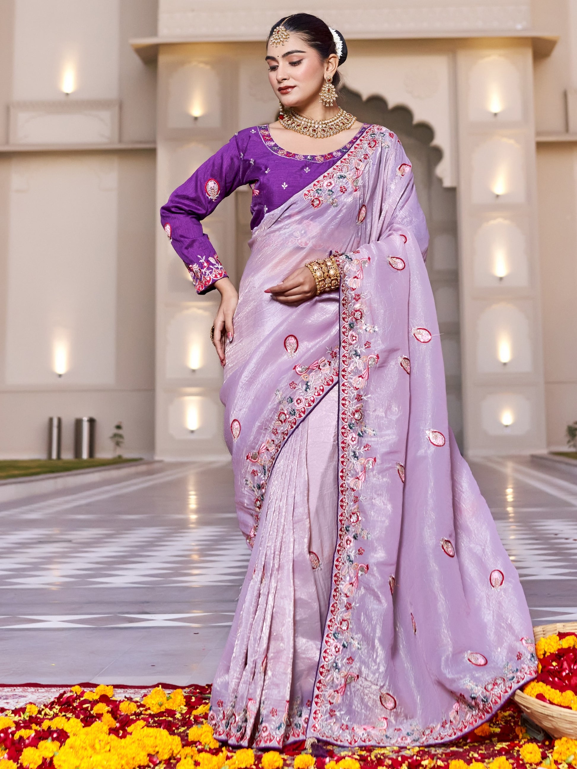 Exceptional Lavender Sequins Silk Festive Wear Saree With Blouse