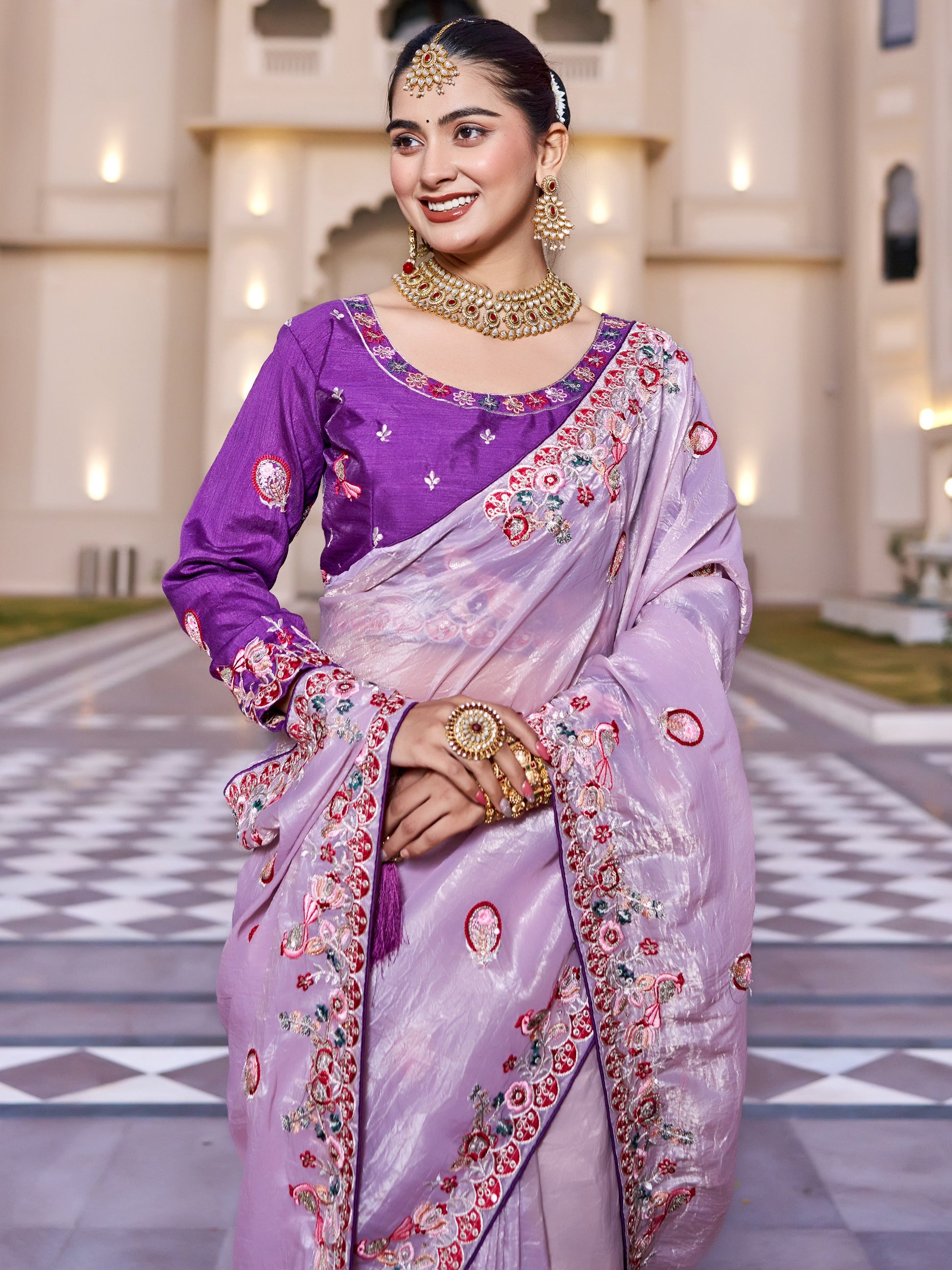 Exceptional Lavender Sequins Silk Festive Wear Saree With Blouse