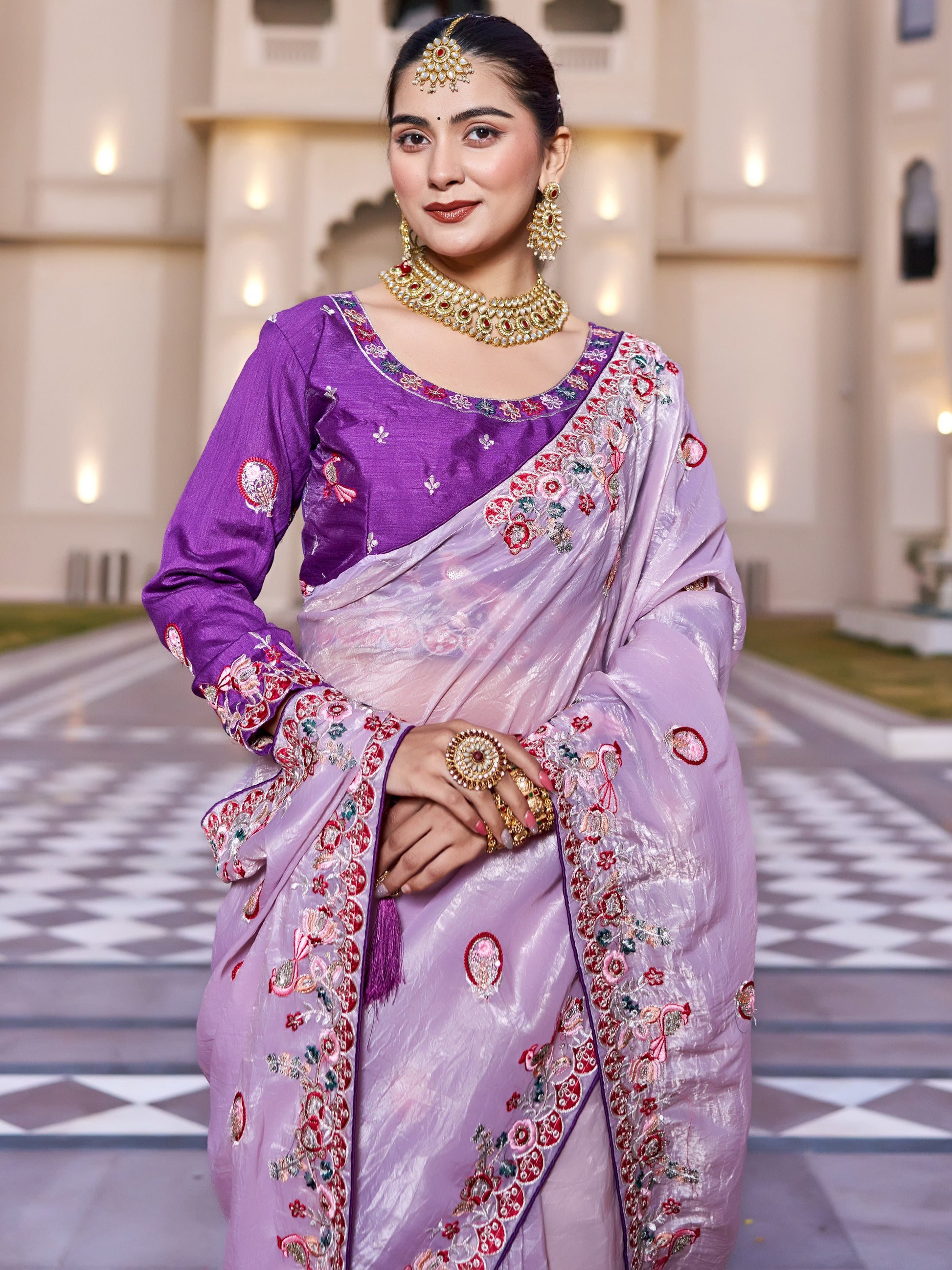Exceptional Lavender Sequins Silk Festive Wear Saree With Blouse