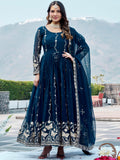 Wonderful Navy Blue Embroidered Georgette Festive Wear Anarakali Gown With Dupatta
