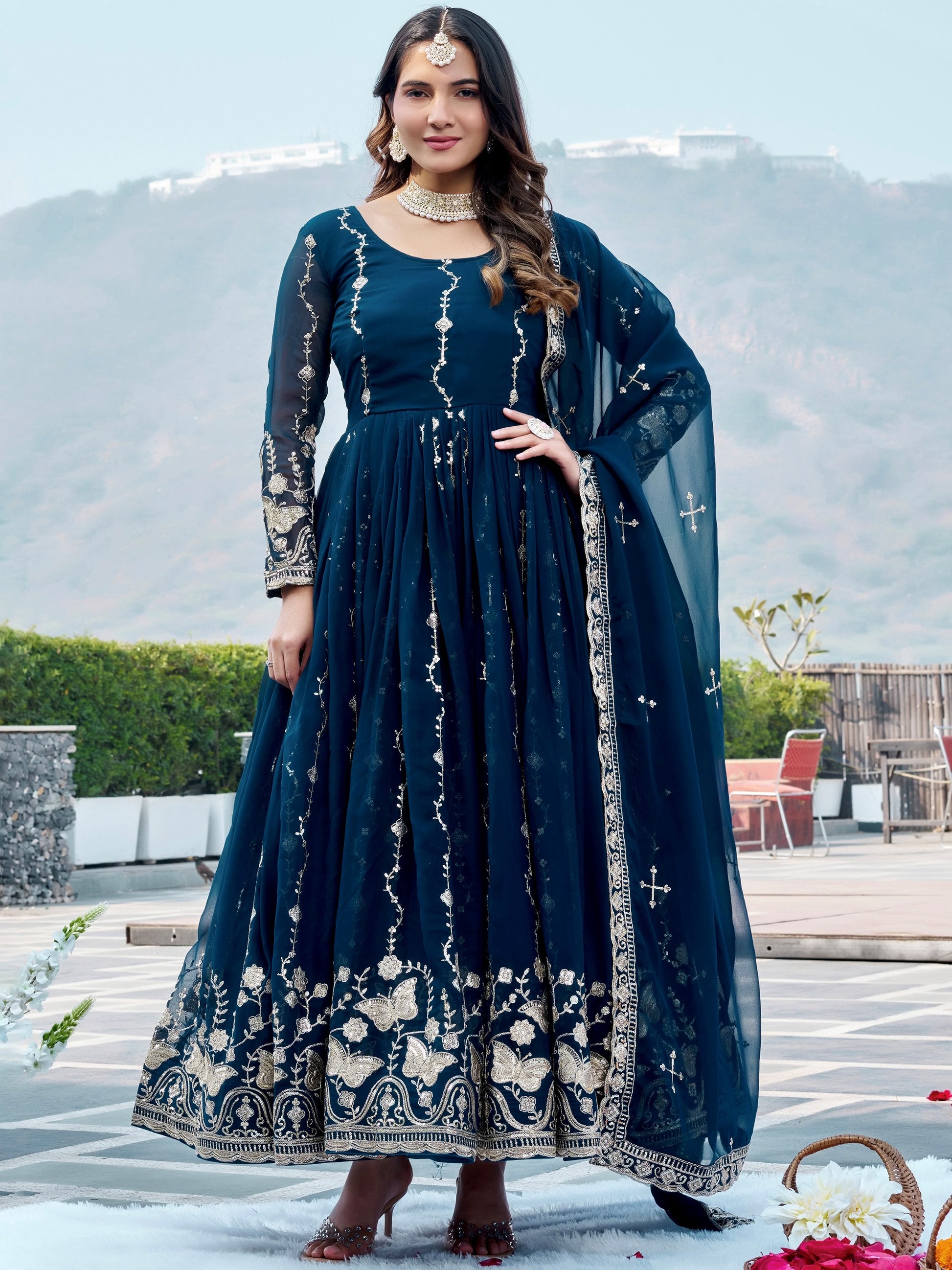 Wonderful Navy Blue Embroidered Georgette Festive Wear Anarakali Gown With Dupatta