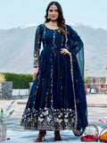 Wonderful Navy Blue Embroidered Georgette Festive Wear Anarakali Gown With Dupatta