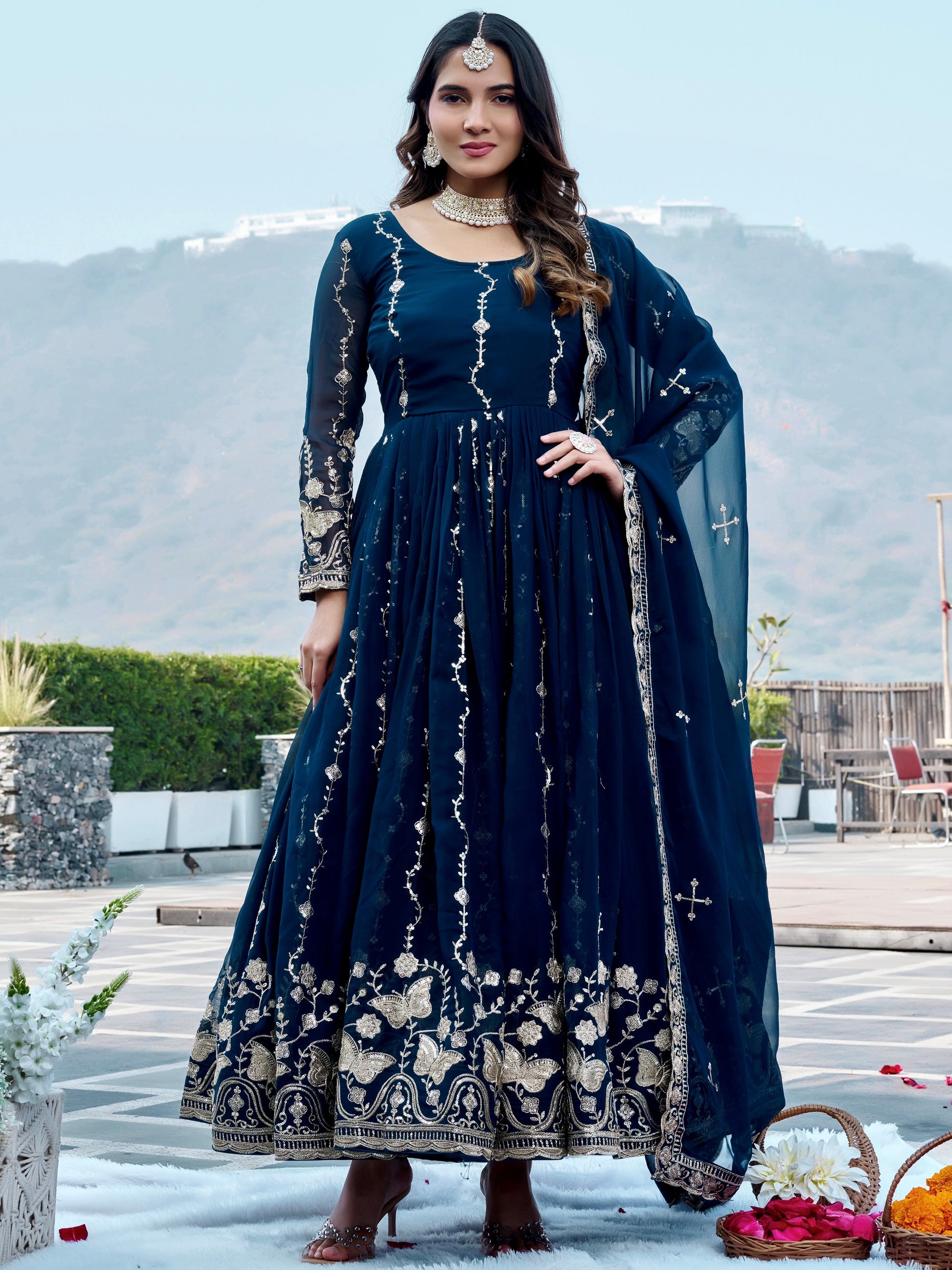Wonderful Navy Blue Embroidered Georgette Festive Wear Anarakali Gown With Dupatta